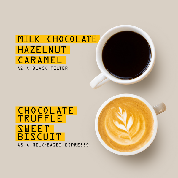 Two cups on a light surface: one black medium roast, one latte with art. Black features milk chocolate, hazelnut, caramel notes; latte has choc truffle and sweet biscuit. Both use our smooth Half Caf Blend Nº 13 for lower caffeine enjoyment.
