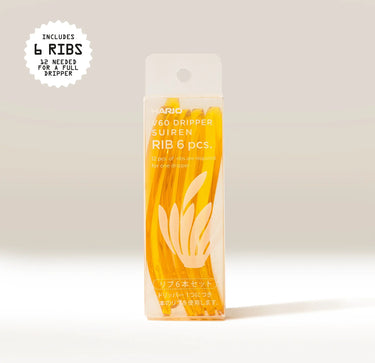 A clear package labeled “Hario Suiren Ribs (set of 6)” contains six yellow ribs. A round label reads: “Includes 6 ribs; 12 required for a full Hario V60 Suiren dripper.”.