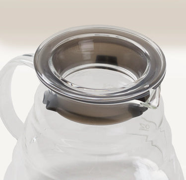 A close-up of the Hario V60 Glass Coffee Server by Hario, designed for compatibility with V60 drippers, showcases its wide, round opening and simple handle against a light background. The empty server displays smooth, modern lines and is crafted from heat-proof glass.