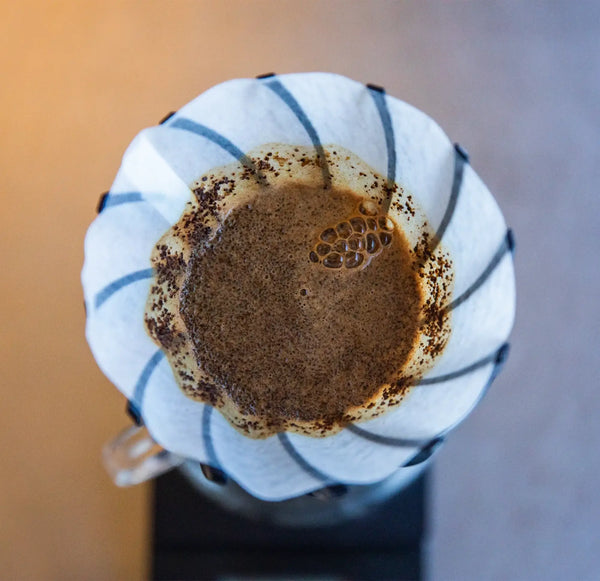 Close-up of a coffee filter with coffee grounds and water droplets on a blurred background