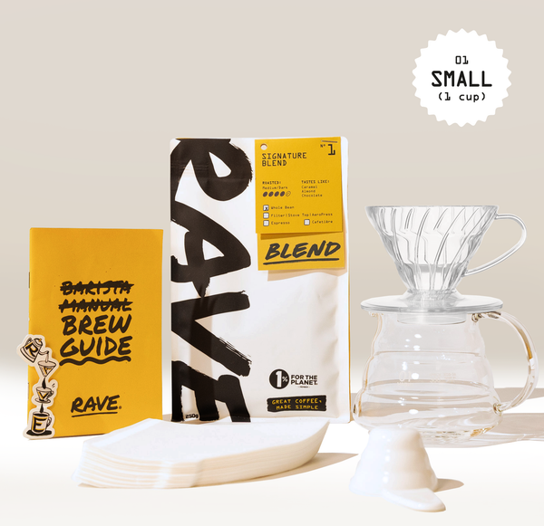 Coffee brewing setup with 'Rave' coffee package, brew guide, and glass coffee maker on a beige background.