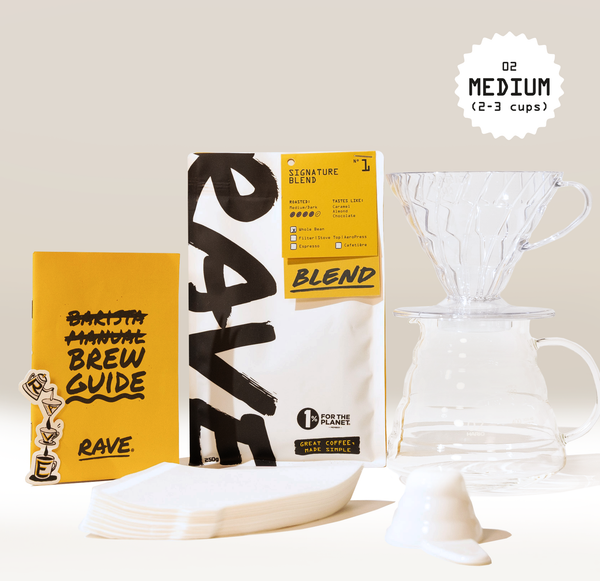 Coffee brewing kit with 'Rave' coffee package, brew guide, and clear coffee filter on a light background