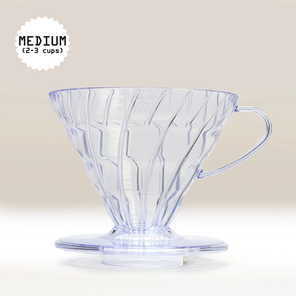 The Hario V60 Clear Plastic Coffee Dripper Size 02 by Hario, with vertical ridges and a handle, sits on a neutral background. Text in the top left reads “MEDIUM (2-3 cups),” highlighting its capacity for brewing multiple servings.