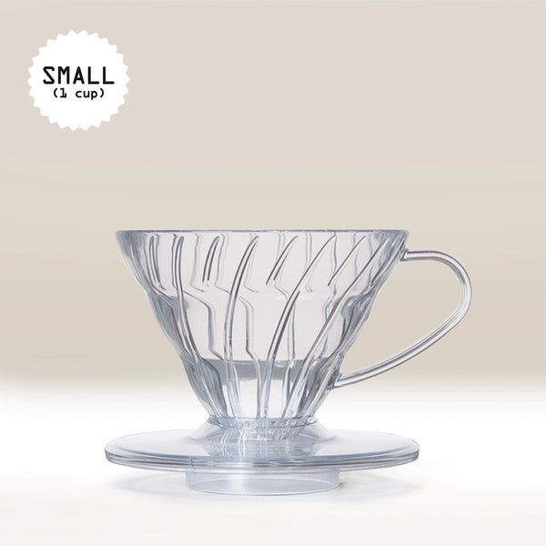 The Hario V60 Clear Plastic Coffee Dripper by Hario features geometric patterns and a convenient handle, making it perfect for filter coffee lovers. Labeled “Small (1 cup)” in the top left corner, this dripper is showcased against a light beige background.
