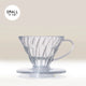 The Hario V60 Clear Plastic Coffee Dripper by Hario features geometric patterns and a convenient handle, making it perfect for filter coffee lovers. Labeled “Small (1 cup)” in the top left corner, this dripper is showcased against a light beige background.