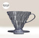 Black, semi-transparent plastic coffee filter with handle on a light beige background