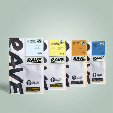 Four RAVE COFFEE bags from the Home Roasters Green Coffee Selection Pack stand side by side, each featuring a vibrant label with origin, variety, and 500g weight—perfect for home roasters seeking green coffee.