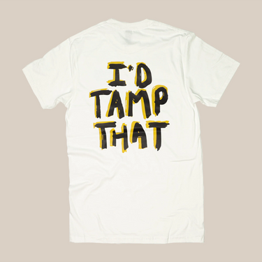 The I’d Tamp That T-Shirt by RAVE COFFEE is a white unisex cotton tee featuring 