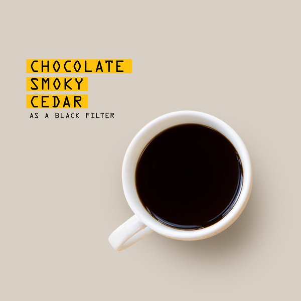 A white coffee cup of black Indian Monsoon Malabar Coffee Nº 53 sits on a light beige background. Beside it, text—Chocolate Smoky Cedar as a black filter—appears with each word highlighted in yellow.