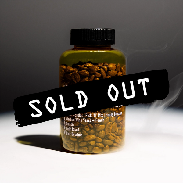 A plastic bottle filled with coffee beans is labeled with various details. A bold black banner across the bottle reads SOLD OUT in large white letters, highlighting the popularity of RAVE COFFEE’s #0005 Colombia Jairo Arcila Peach Co-ferment – 150g specialty coffee.
