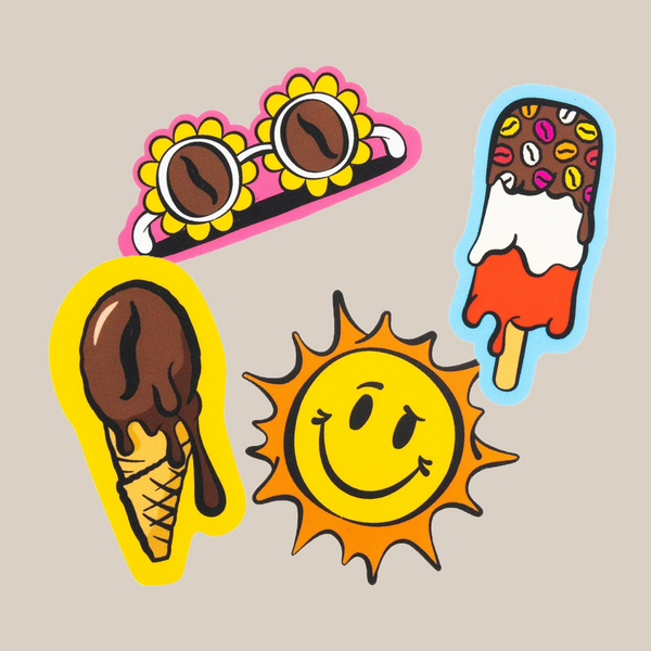 The RAVE COFFEE Keep it Cool Sticker Pack features four fun designs: sunflower sunglasses, a chocolate-dipped ice cream cone, a smiling sun, and a sprinkle popsicle—perfect for decorating your coffee tumbler!.