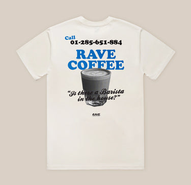 A white t-shirt with a graphic print on the back, in blue and black, a coffee cup illustration, and the quote 'Is there a Barista in the house?'.