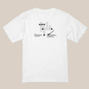 White t-shirt with black text and graphics on a beige background