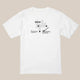 White t-shirt with black text and graphics on a beige background