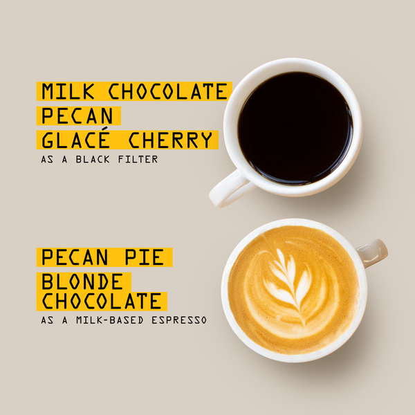 Two coffee cups sit on a light background: one holds black coffee, the other features latte art. The text highlights the flavor notes for each—milk chocolate, pecan, and cherry in the black coffee, crafted from RAVE COFFEE's Mexico Café El Zapoteco Nº 342, made with organic beans grown by smallholder producers in Oaxaca. The espresso reveals tasting notes of pecan pie and blonde chocolate.