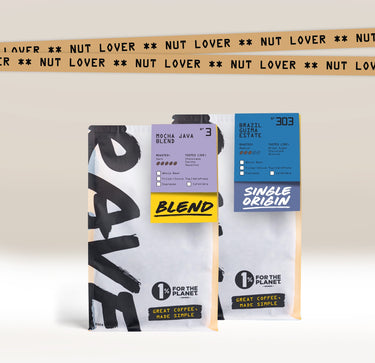 Coffee packaging with branding and product details on a white background