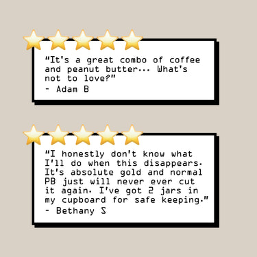 Two review cards, each featuring five gold stars and quoting enthusiastic feedback about our palm-oil free Espresso Salted Date Peanut Butter from RAVE Coffee, with comments from Adam B and Bethany S, displayed on a beige background.