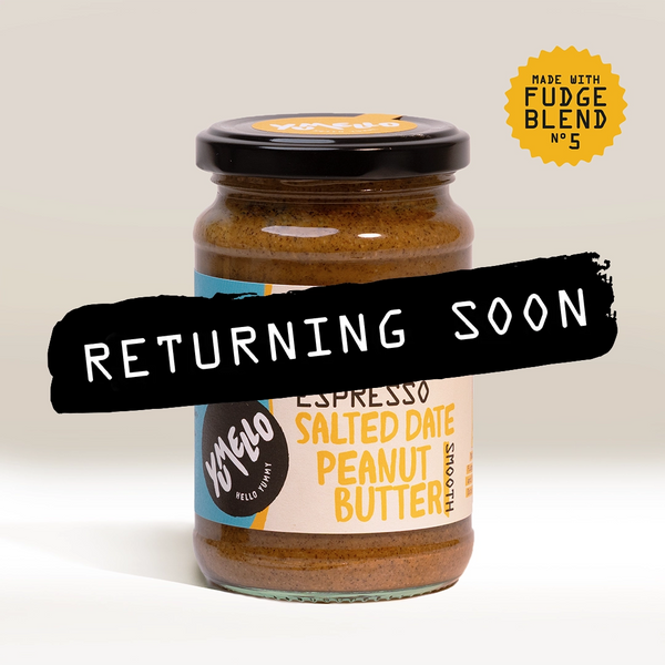 A jar of RAVE Coffee’s Espresso Salted Date Peanut Butter, which is palm-oil free, features a label stating RETURNING SOON and displays a yellow badge in the corner that says Made with Fudge Blend No. 5.