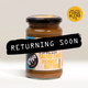 A jar of RAVE Coffee’s Espresso Salted Date Peanut Butter, which is palm-oil free, features a label stating RETURNING SOON and displays a yellow badge in the corner that says Made with Fudge Blend No. 5.