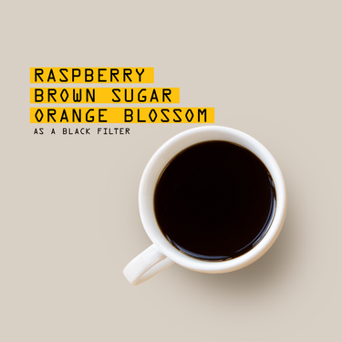 A top-down view of a white ceramic coffee mug filled with black coffee on a warm beige background, next to yellow text that reads 'RASPBERRY BROWN SUGAR ORANGE BLOSSOM AS A BLACK FILTER'.
