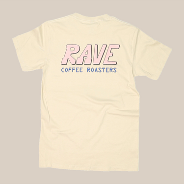 The Pink Rave | T-Shirt by RAVE COFFEE is a cream-colored unisex cotton shirt with bold pink 