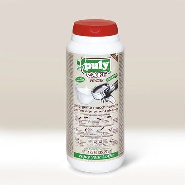 A container of Rave Coffee's Puly Caff Verde Cleaning Powder, an eco-friendly coffee machine cleaner with a red lid, beige label, green branding, and label featuring instructions, product info, and images of a cup and portafilter.