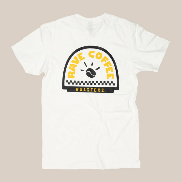 The RAVE COFFEE Rave Retro | T-Shirt is a white, 100% cotton tee with a bold yellow and black back graphic featuring “Rave Coffee” above a coffee bean and “Roasters” below—perfect for fans of the brand.