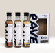 Three bottles of hazelnut, vanilla, and caramel RAVE COFFEE Best Selling Syrup Set standing in front of their rectangular cardboard gift box.
