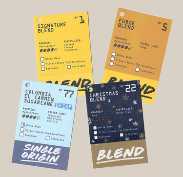 Four rectangular labels for Rave coffee, detailing roast levels and flavor profiles for various blends, displayed alongside the Timemore French Press Gift Set with recommended brewing methods.