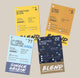 Four rectangular labels for Rave coffee, detailing roast levels and flavor profiles for various blends, displayed alongside the Timemore French Press Gift Set with recommended brewing methods.