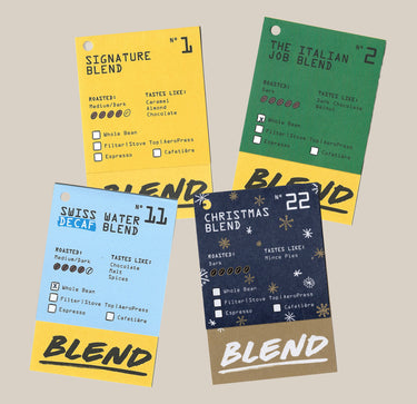 Four Rave Coffee blend cards in yellow, green, light blue, and dark blue, each listing roast level, flavor notes, and brewing methods compatible with a Bialetti Induction Stove Top Gift Set.