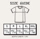 T-shirt size guide with measurements in centimeters on a beige background