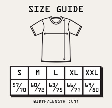 Size chart for RAVE COFFEE's Rave Retro | T-Shirt (sustainable cotton) unisex fit: S (57/70cm), M (60/72cm), L (63/75cm), XL (66/77cm), XXL (69/80cm); arrows clarify width and length.