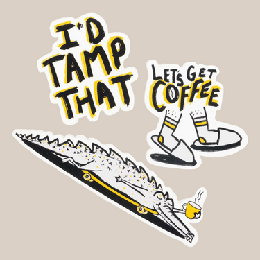 A playful sticker pack by Abigail Hudspith for RAVE COFFEE, with 