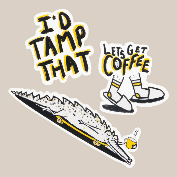 A playful sticker pack by Abigail Hudspith for RAVE COFFEE, with "I’d tamp that" and "Let’s get coffee," a crocodile on a skateboard, a yellow coffee cup, and fun cartoon legs—perfect for decorating in various sizes.