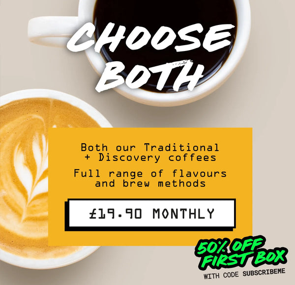 Two coffee cups, one black and one with latte art, viewed from above. Try RAVE COFFEE’s Roastery's Choice Discovery & Traditional for £19.90/month—first box just £9.95 with code SUBSCRIBE to save 50% today!.