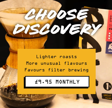 A Chemex with brewed coffee sits next to a coffee bag. Text: DISCOVER Roastery’s Choice Discovery by RAVE COFFEE—single origin, lighter roasts, unique flavours, best for filter brewing. Exclusive subscription £9.95/month.