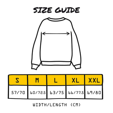 Sweatshirt size guide with measurements in centimeters