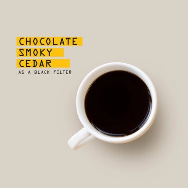 A white coffee cup of black Indian Monsoon Malabar Coffee Nº 53 sits on a light beige background. Beside it, text—Chocolate Smoky Cedar as a black filter—appears with each word highlighted in yellow.