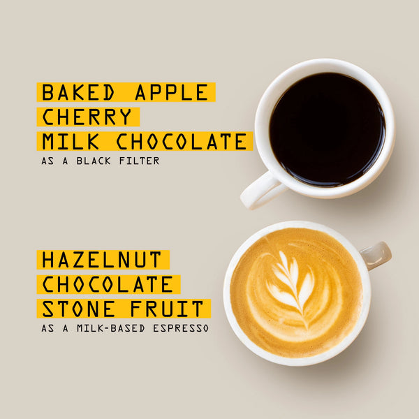 Photo of black filter coffee and milked based Espresso with there tasting notes to match