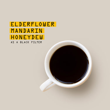 A white coffee cup with black Peru La Palma Geisha Nº 389 by RAVE COFFEE sits on a beige background. Beside it: Elderflower, Mandarin, Honeydew in black text, with the first three words highlighted in yellow.