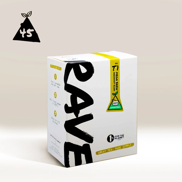 A box of RAVE COFFEE Mega Brew Tea Nº T1 (45 Pack) with bold black lettering on white, featuring a yellow-green tea bag icon and "45". Contains compostable pyramid bags and supports 1% For The Planet. Great Tea. Made Simple.