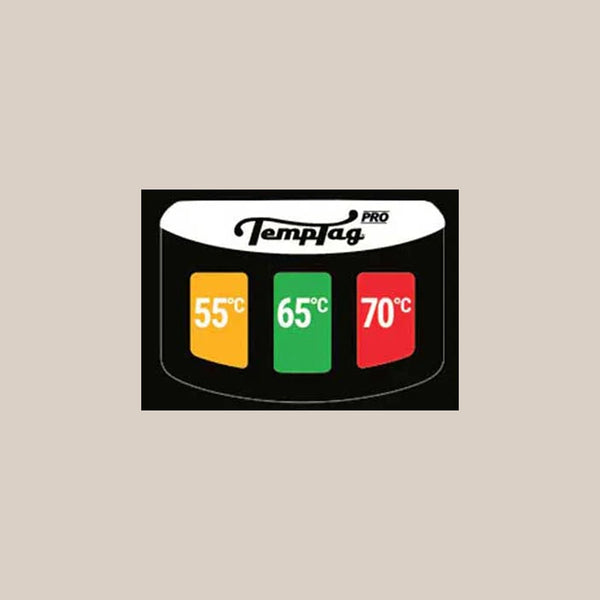 Temptag PRO by RAVE COFFEE is a must-have barista tool displaying three colored boxes—yellow (55°C), green (65°C), and red (70°C) on a black background—for easy milk temperature control while steaming.