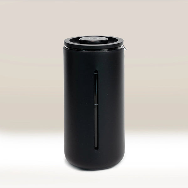 The Timemore French Press U is a sleek, matte black travel mug with a lid and a vertical transparent borosilicate glass window to reveal the liquid level, shown against a neutral background.