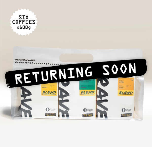 A clear plastic bag holding four white coffee pouches arranged side by side, with a black banner across the middle reading “RETURNING SOON” and a white badge in the upper left saying “SIX COFFEES x100g.” The pouches show partial branding and flavor labels, but the exact brand text is obscured by the banner and packaging.