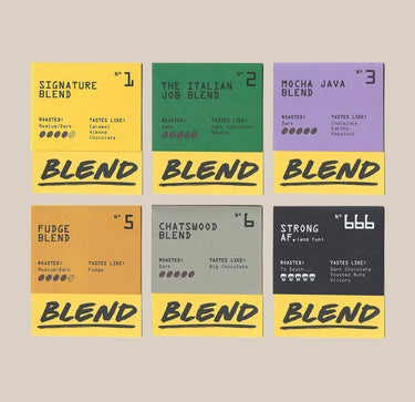 Six vibrant coffee blend cards from Ravecoffee’s Best Selling Blends - Whole Bean Variety Pack are displayed in two rows, each highlighting the blend name, number, roast icons, and tasting notes such as caramel, walnut, hazelnut, fudge, and chocolate on a beige backdrop—ideal for discovering top-selling blends or building your own Ravecoffee variety pack.