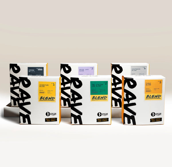 Discover the Best Selling Blends - Whole Bean Variety Pack by Ravecoffee: five boxes each showcasing a unique blend from Ravecoffee’s top collection. The variety pack features striking white packaging with bold black text and vibrant colored labels in yellow, green, blue, purple, and orange, arranged in two staggered rows—ideal for exploring a diverse selection of whole bean coffee flavors.