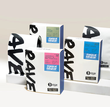 Three boxes of Ravecoffee’s Best Selling Single Origins – Whole Bean Variety Pack are displayed side by side, each featuring a distinctive origin and vibrant color label. With minimalist packaging that highlights the Ravecoffee logo, this set is perfect for exploring unique flavors from around the world.
