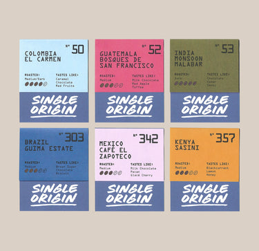 Ravecoffee’s Best Selling Single Origins - Whole Bean Variety Pack features six vibrant cards that showcase details about single origin coffees from Colombia, Guatemala, India, Brazil, Mexico, and Kenya. Each card highlights the roast level, flavor notes, and unique identification numbers—making this the perfect coffee variety pack for anyone who appreciates whole bean coffee.