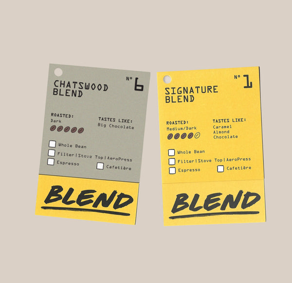 Two Ravecoffee Chocolate Lover Coffee Bundle cards on a beige background: one gray with dark roast notes, one yellow with medium/dark roast notes. Both feature tasting notes and brewing method icons.